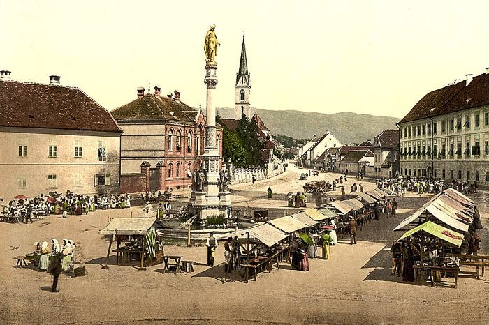 Kaptol, kaptolska tržnica, oko 1905. godine, kolorirano